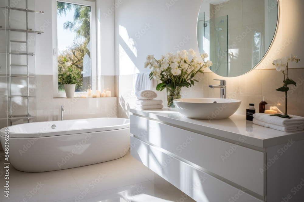 Fototapeta premium The interior of the white bathroom is decorated in a modern home style with contemporary furniture.