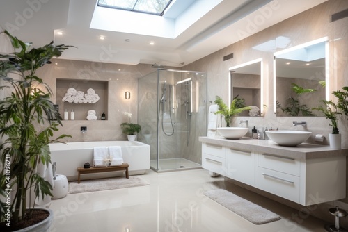 The interior of the white bathroom is decorated in a modern home style with contemporary furniture.