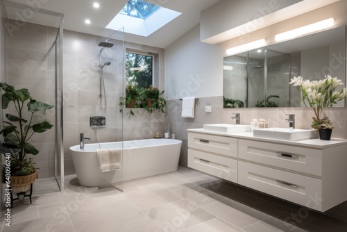 The interior of the white bathroom is decorated in a modern home style with contemporary furniture.