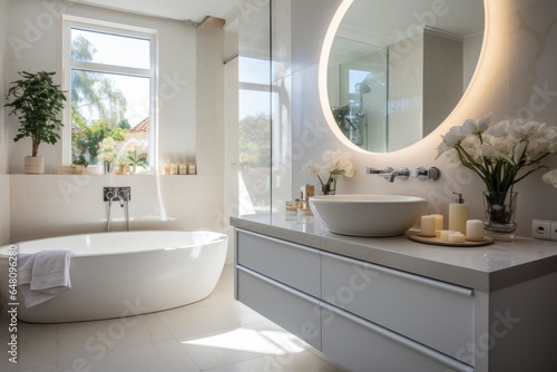 The interior of the white bathroom is decorated in a modern home style with contemporary furniture.