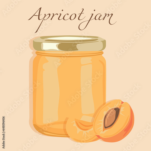 Jar with apricot jam and apricot berries. Autumn canning of healthy sweets.