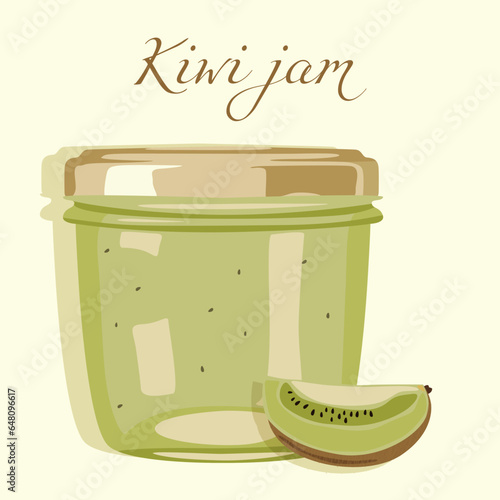 A jar of kiwi jam and a slice of kiwi. Autumn canning of healthy sweets.