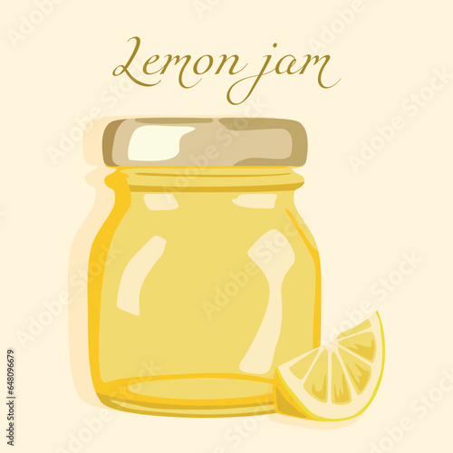 A jar of lemon jam and a slice of lemon. Autumn canning of healthy sweets.