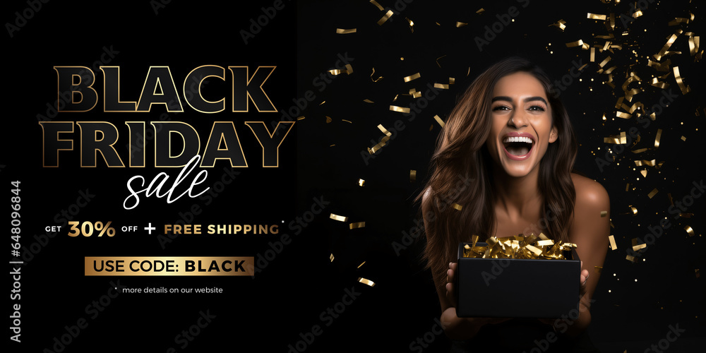 Black Friday banner with attractive woman surrounded by gold confetti. Promotion, Advertisement, sale. 3d illustration. 30% OFF	