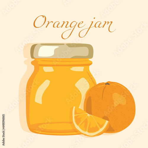 A jar of orange jam and an orange slice. Autumn canning of healthy sweets.