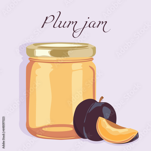 Plum jam in a jar. Flat illustration of autumn conservation. Healthy sweets.