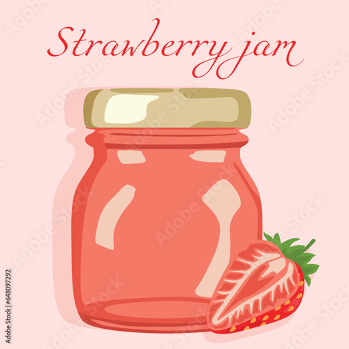Strawberry jam in a jar. Flat illustration of autumn conservation. Healthy sweets.