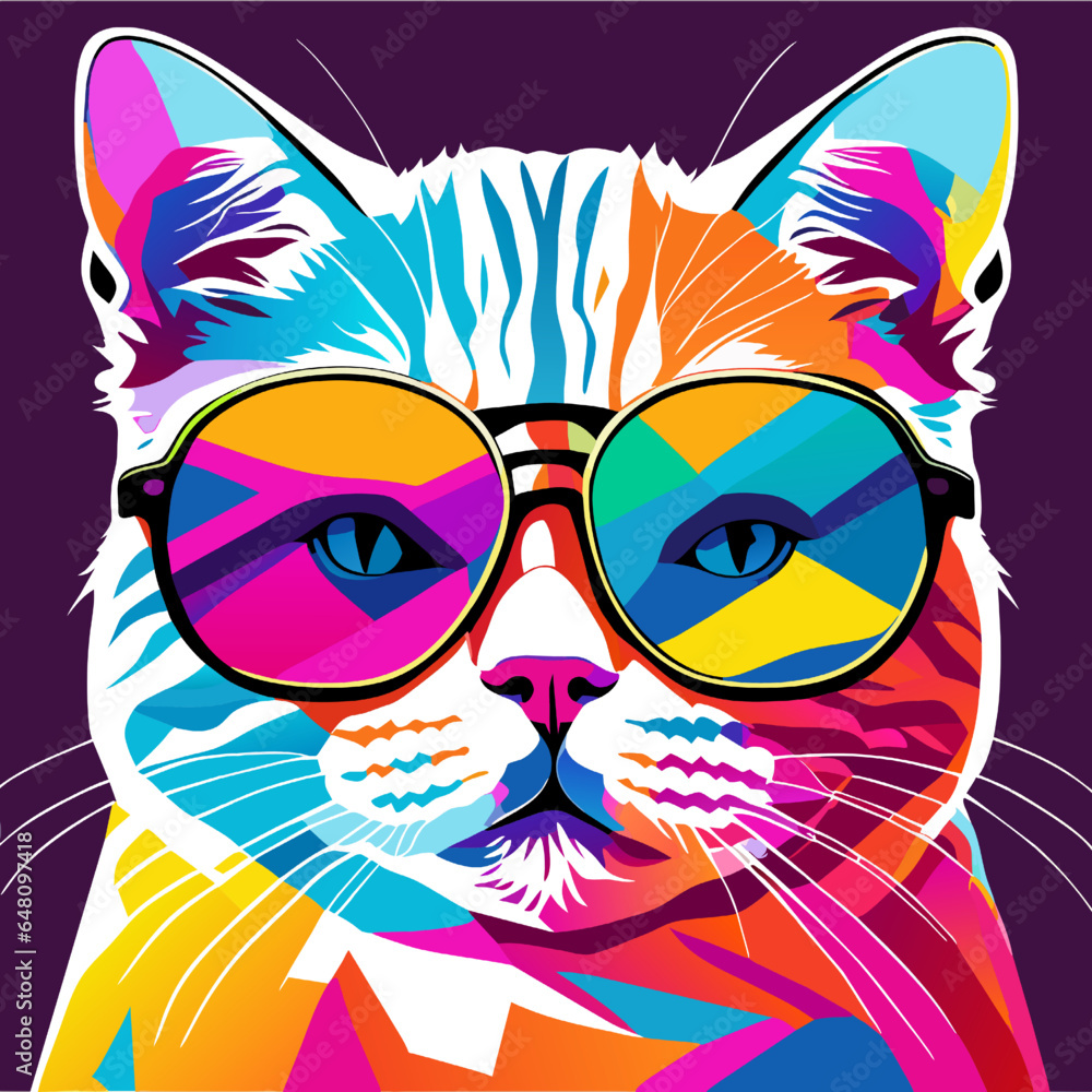 Vector illustration of a cat with glasses on a purple background. Fashion cat
