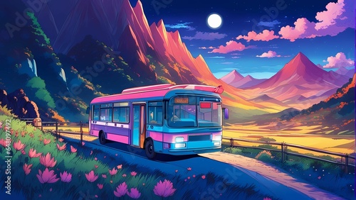 A bus travelling through the mountains.