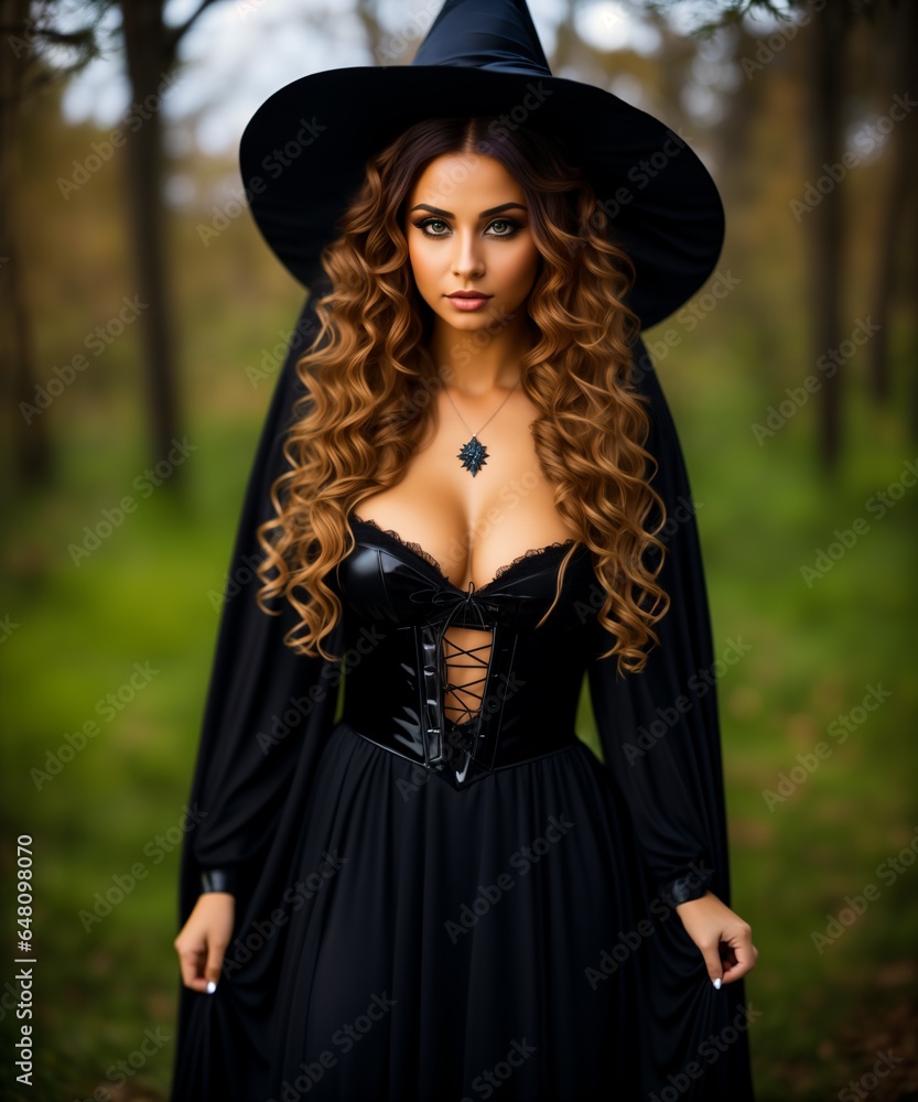portrait of a woman in a black hat. halloween witch. a beautiful red-haired woman in a witch costume poses for a Halloween themed photo shoot portrait of a woman in a black hat. halloween witch. a beautiful red-haired woman in a witch costume poses for a Halloween themed photo shoot