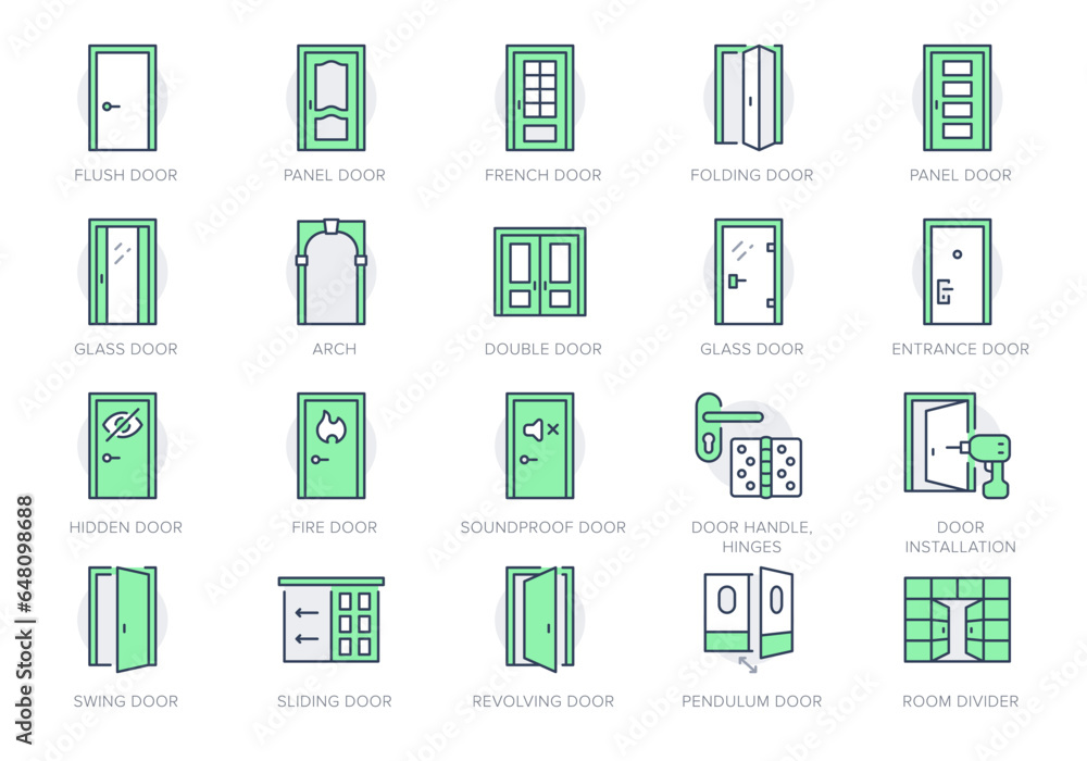 Door types line icons. Vector illustration include icon - sliding, french, folding, bifold, flush, arch, swing, revolving, hinges outline pictogram for doorway. Green Color, Editable Stroke - obrazy, fototapety, plakaty 
