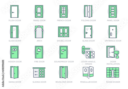 Door types line icons. Vector illustration include icon - sliding, french, folding, bifold, flush, arch, swing, revolving, hinges outline pictogram for doorway. Green Color, Editable Stroke photo