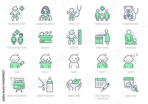 Pediatrics line icons. Vector illustration include icon - incubator, breastfeed, stethoscope, colic, massage, chickenpox, rash outline pictogram for baby care. Green Color, Editable Stroke