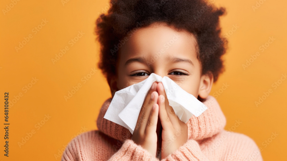 Multicultural little one using tissue for a runny nose in a studio. Multicultural little one using tissue for a runny nose in a studio.