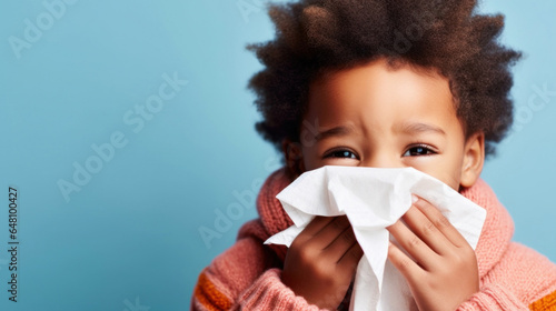 Foto Cute child with tissue for a runny nose in a studio image.