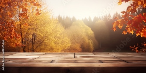 Autumn serenity. Empty wooden table in forest. Nature canvas. Rustic tabletop set amidst fall foliage. Woodland tranquility