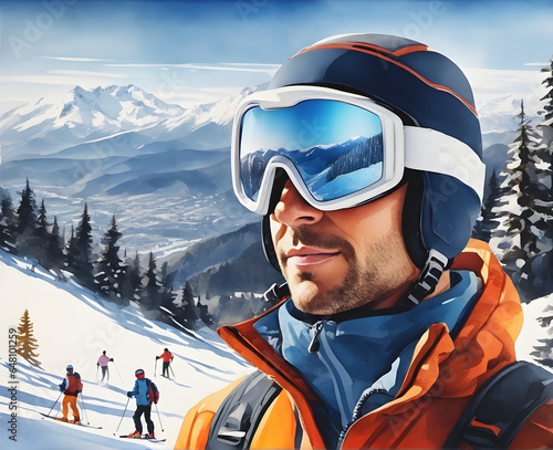 portrait of a skier at a ski resort against a background of mountains and blue sky. Male winter sports athlete in helmet and goggles. generative AI © EVISUAL