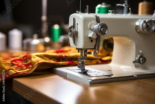 Detailed closeup of a sewing machine at work with fabric and threads