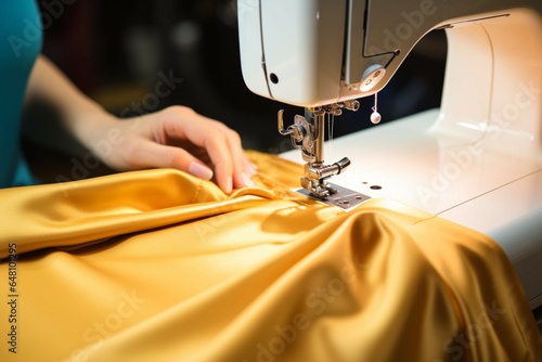 Detailed view Female hands sew yellow fabric with a modern sewing machine photo