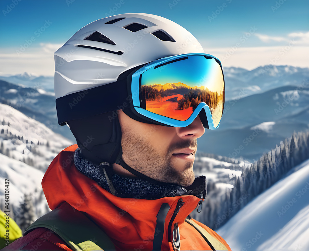 portrait of a skier at a ski resort against a background of mountains and blue sky. Male winter sports athlete in helmet and goggles. generative AI portrait of a skier at a ski resort against a background of mountains and blue sky. Male winter sports athlete in helmet and goggles. generative AI