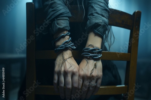 Fényképezés In distress, a womans taped hands signify her captivity by a dangerous kidnapper