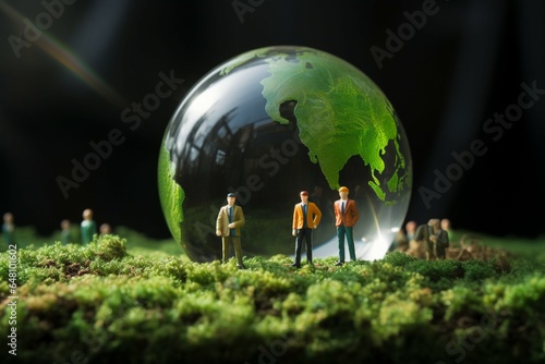 Tiny people positioned on grass, framed by an Earth crystal ball