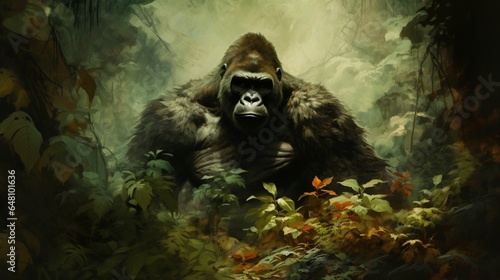 a gorilla in a lush jungle, its imposing presence embodying the wild spirit of the forest