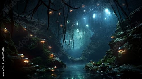 a group of glowworms creating a stunning bioluminescent display deep within a cave, illuminating the subterranean world