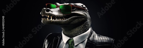 Happy Crocodile In Suit And Sunglasses On Black Background photo
