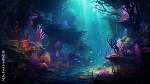 a hypothetical underwater world where colorful protists bloom, illuminating the depths © ishtiaaq