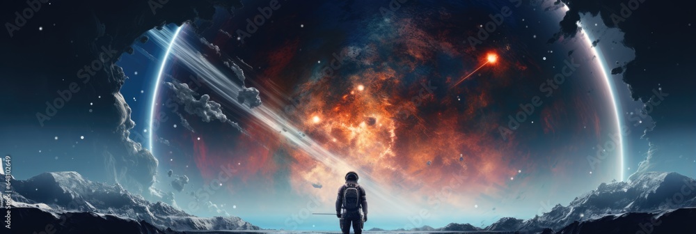 Standing Backwards The Spacefaring Adventurer Is Shown Out In Front Of A Vast Galaxy - obrazy, fototapety, plakaty 
