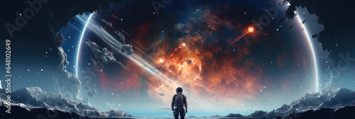Standing Backwards The Spacefaring Adventurer Is Shown Out In Front Of A Vast Galaxy photo
