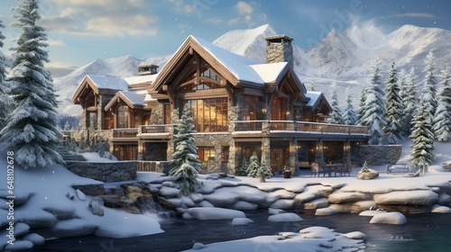 a luxurious mountain chalet nestled in the snow-covered alpine landscape  featuring timber beams  stone accents  and a cozy fireplace