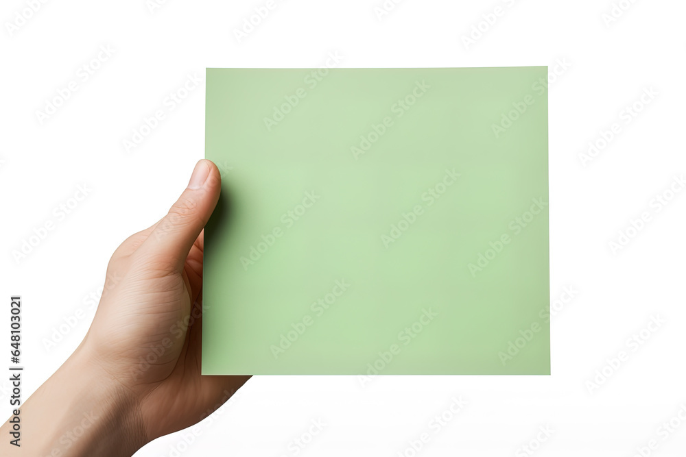 A human hand holding a blank sheet of green paper or card isolated on a white background A human hand holding a blank sheet of green paper or card isolated on a white background