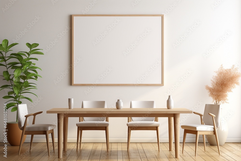 Fototapeta premium Modern Aesthetic Dining Room Interior Design with Blank Poster Created with Generative AI
