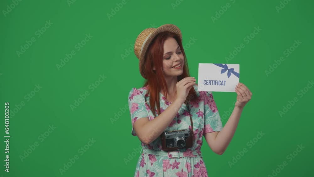 Woman traveller in straw hat advertising gift certificate, pointing at it showing thumbs up, smiling looking at the camera. Isolated on green background. Woman traveller in straw hat advertising gift certificate, pointing at it showing thumbs up, smiling looking at the camera. Isolated on green background.