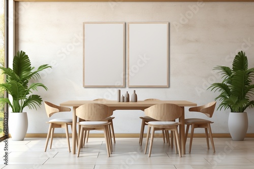 Modern Aesthetic Dining Room Interior Design with Blank Poster Created with Generative AI