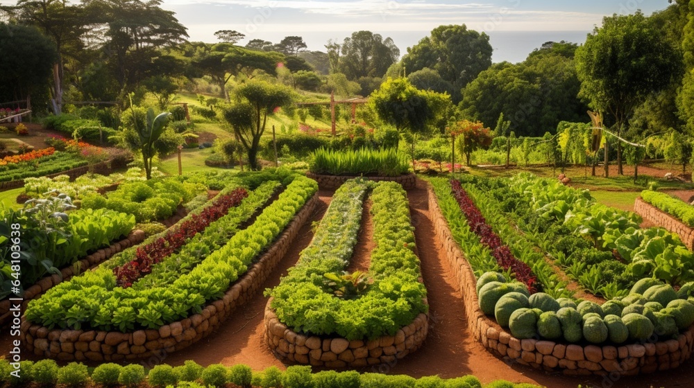 a meticulously arranged vegetable garden with neat rows of various crops flourishing under the sun