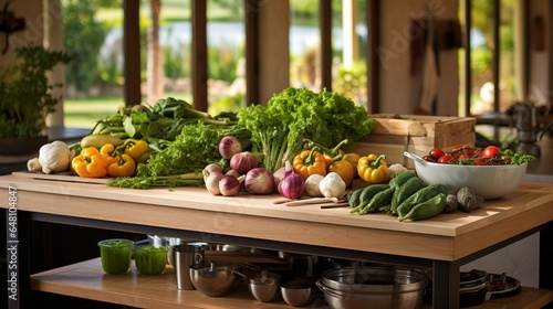 a modern kitchen island, where a chef prepares a gourmet meal using an assortment of farm-fresh vegetables