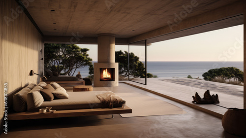 Interior design of modern living room  an open concrete room with a tv in the living room  in the style of gravity-defying landscapes with big panoramic windows coastal views
