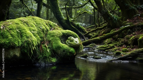 a moss-covered rock in a rainforest stream  where a hidden salamander blends seamlessly into its watery environment