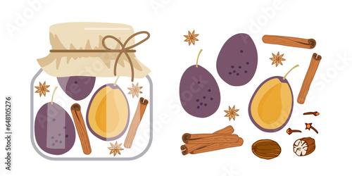 Canned Plum hand drawn doodle sketch. Plum jam ang ingredients. Homemade fruit jelly in glass jar isolated. Jar preserved fruits. Flat vector Food template for menu, sticker, logo, farmers market.