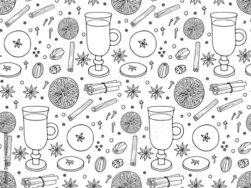 Seamless Mulled wine pattern. Christmas Hot drink ingredients. Fruit mulled wine recipe. Doodle Outline vector illustration. Hot drink recipe. Repeated background For wallpaper, wrapping, scrapbooking