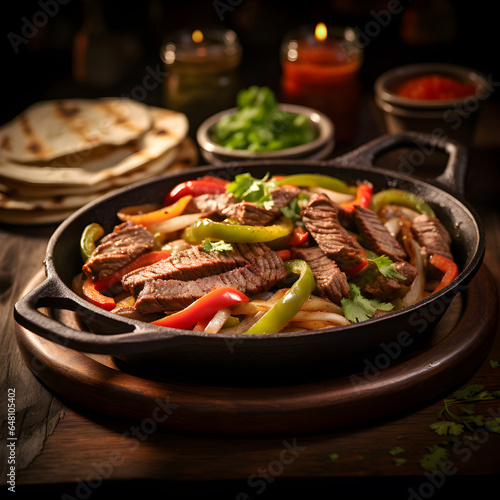 A plate of delicious beef fajitas sizzling on a hot cast iron skillet, served with warm tortillas, guacamole, and sour cream. perfect lighting