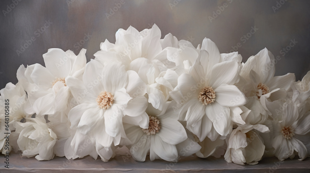 A bunch of white flowers sitting on top of a table with grey background A bunch of white flowers sitting on top of a table with grey background