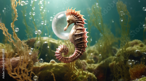 Seahorse with pearl buble in water