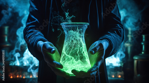 Fantasy alchemist with glowing green liquid
