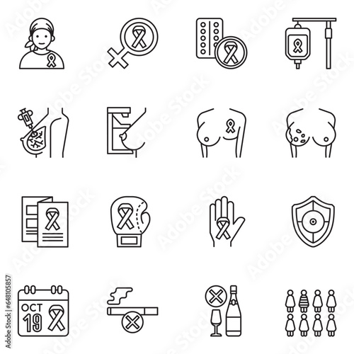 Breast cancer awareness month line icons set vector image.