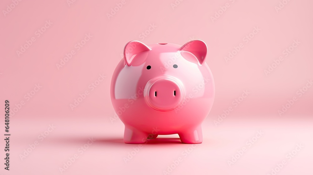 Piggy bank in the shape of a pink pig on a pink background.