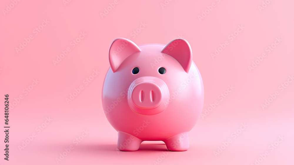 Piggy bank in the shape of a pink pig on a pink background.